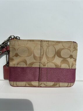 Y2K Vintage Coach Signature Jacquard Wristlet with Plum Stripe & Leather Trim